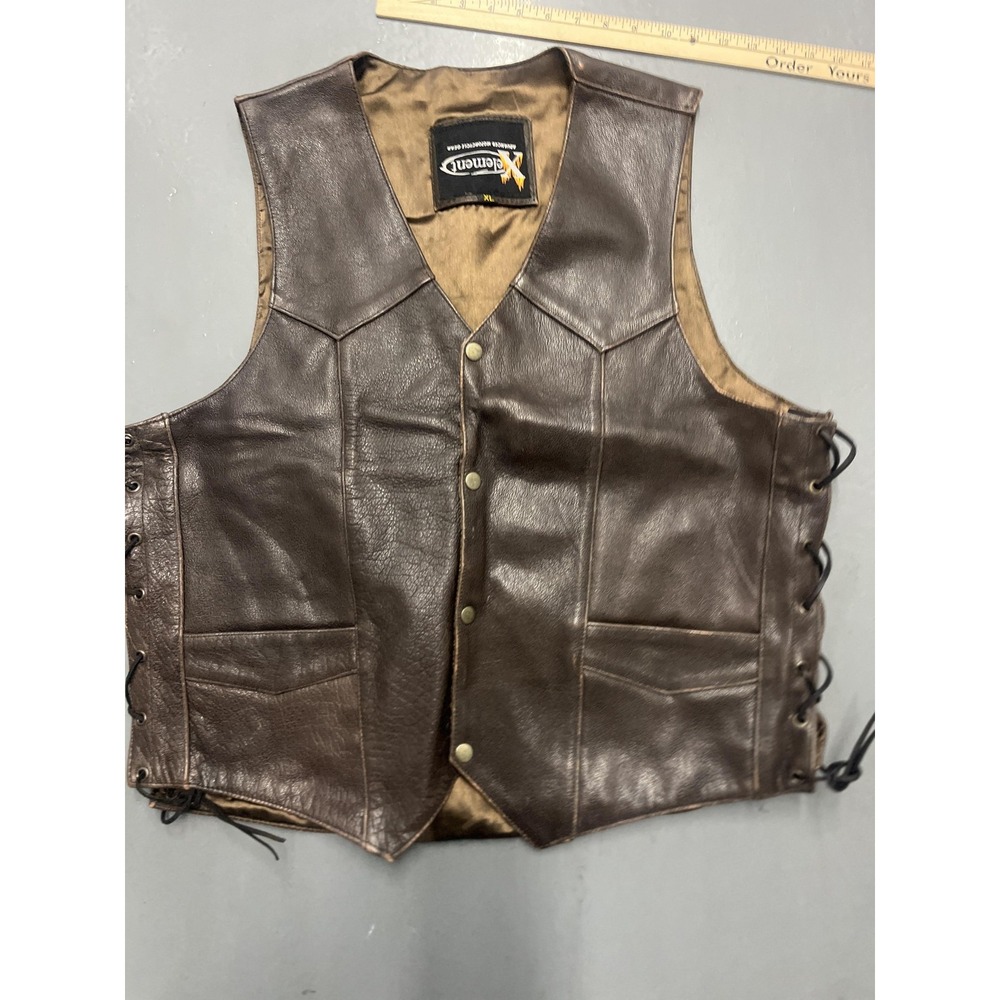 Xelement Vest Mens XL Brown Leather Biker Snap Front Live To Ride Eagle USA